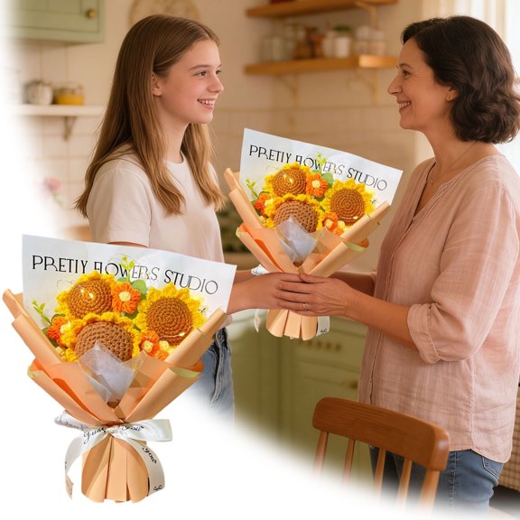 Hand-Knitted 3 Sunflower & 5 Puffs Flower Bouquet With Led Lights & Gift Bag Diy Floral Craft For Home Decor & Gifting(Yellow-35X24X10Cm)
