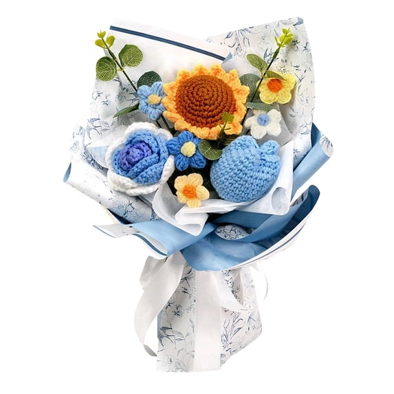 Hand Knitted Blue Rose & Sunflower Bouquet - 35cm/13.78in Crochet Flower Arrangement, Unique Home Decor Gift (Blue & White)