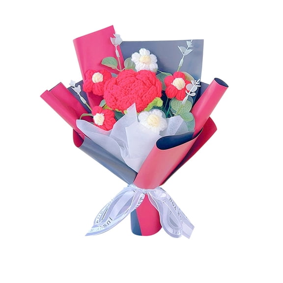 Hand Knitted Bouquet Floral Arrangement - Crochet Fake Flowers for Home Decor Wedding Party Centerpiece Artificial Knit Bouquet Never Wilt Mother's Day Gift for Mom Grandma E