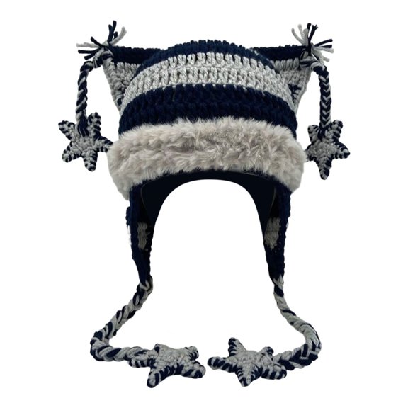 Hand-Knitted Cat Ear Beanie with Braids & Stars - Whimsical Winter Hat with Ear Flaps, Festive Christmas Gift(Gray)