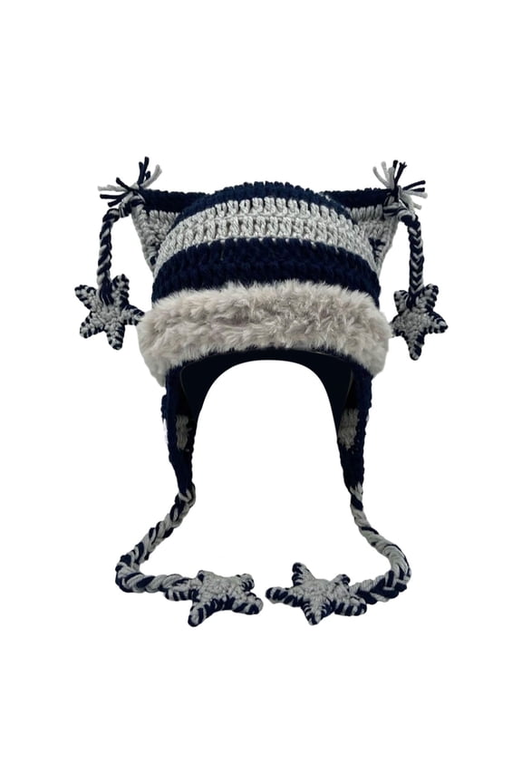 Hand-Knitted Cat Ear Beanie with Braids & Stars - Whimsical Winter Hat with Ear Flaps, Festive Christmas Gift(Gray)