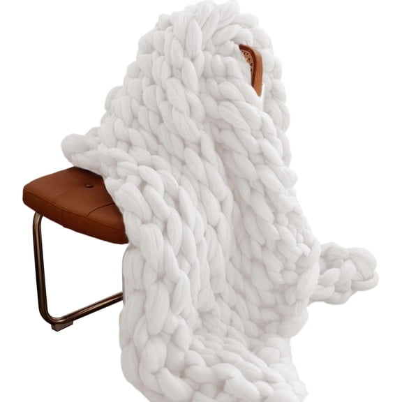 Hand Knitted Chunky Blanket Throws:Weighted Knit Blanket Throw,Handmade Chunky Yarn Blanket for Sofa and Bedroom,Soft Thick Knit Throw Blanket,Fluffy and Cozy,47×70 Inch (White)