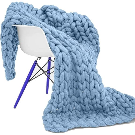 Hand Knitted Chunky Blanket Throws:Weighted Knit Blanket Throw,Handmade Chunky Yarn Blanket for Sofa and Bedroom,Soft Thick Knit Throw Blanket,Fluffy and Cozy,47×70 Inch (Blue)