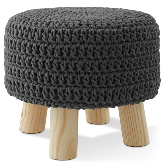 Hand-Knitted Cotton Pouf Ottoman Footstool, 13" Round x 11" High, Boho Accent Footrest with Non-Skid Legs, Foot Stool and Extra Seating, Gray