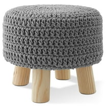 Hand-Knitted Cotton Pouf Ottoman Footstool, 13" Round x 11" High, Boho Accent Footrest with Non-Skid Legs, Foot Stool and Extra Seating, Light Gray
