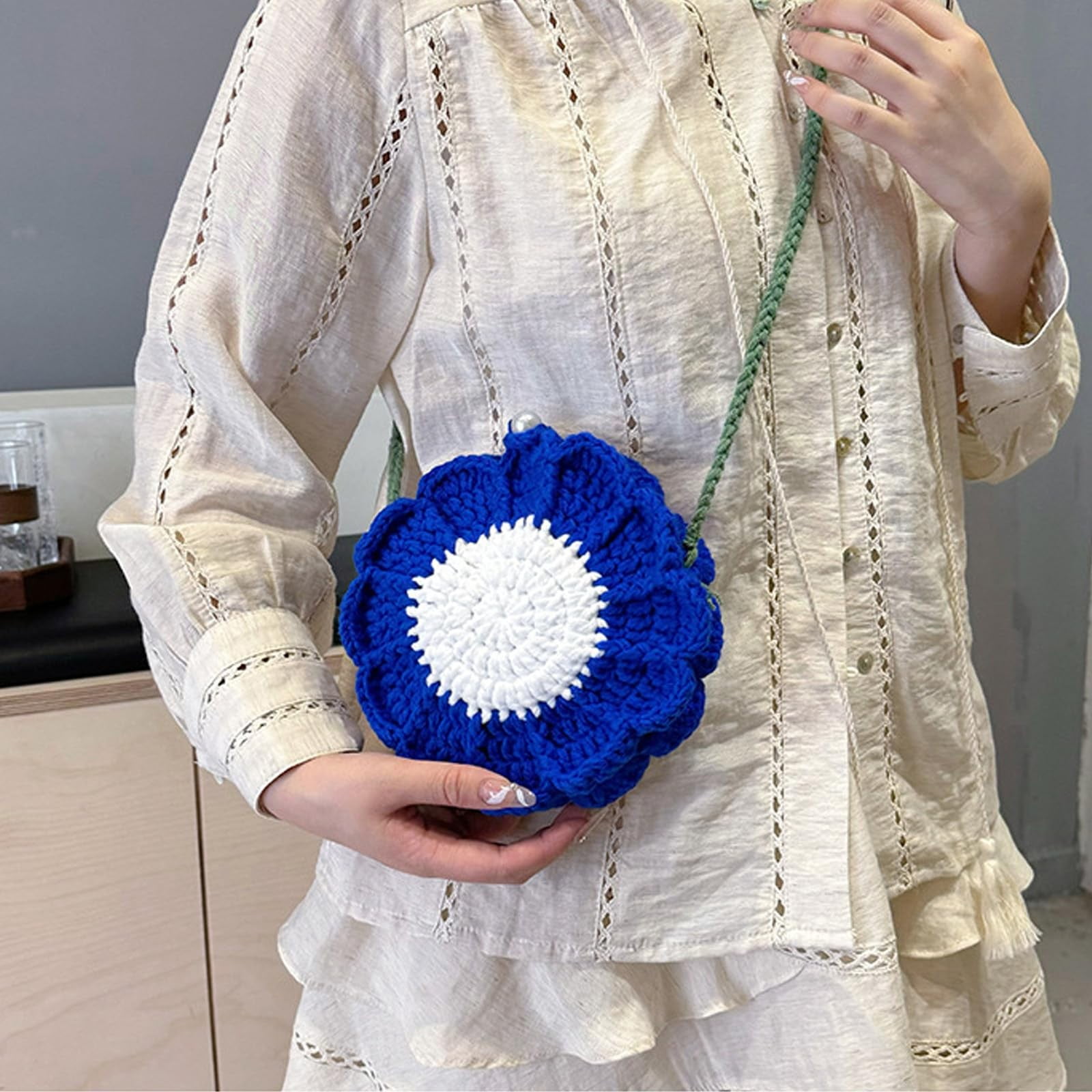 Hand-Knitted Crossbody Bag Dark Blue,1X Single Shoulder 
