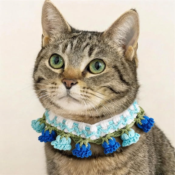 Hand-Knitted Floral Pet Collar: Cozy Cat & Small Dog Bib, L
