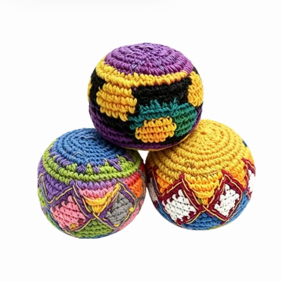 Hand Knitted Footbag Set Multi-Patterned Crochet Kick Balls for Outdoor Sport, Woven Cotton Sacks for Coordination and Agility Exercise