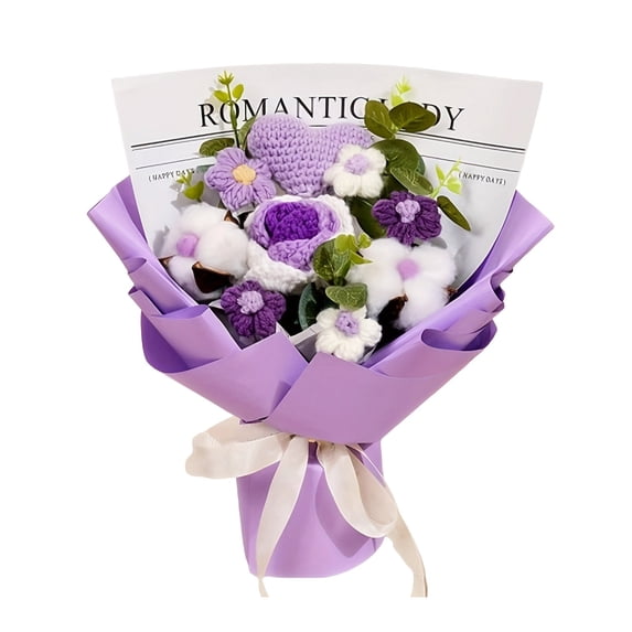 Hand Knitted Heart Rose Bouquet - Purple & White Crochet Flower Bouquet for Home Decor, Romantic Gift, Wedding, Valentine's Day (35x25cm)