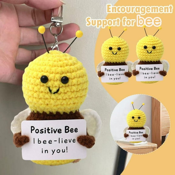 Hand Knitted Positive Bee Crochet Toy w Positive Card Knitting Gift