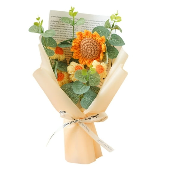 Hand Knitted Sunflower Yarn Bouquet Friendly Crochet Artificial Flowers Home Decoration Everlasting Floral Arrangement