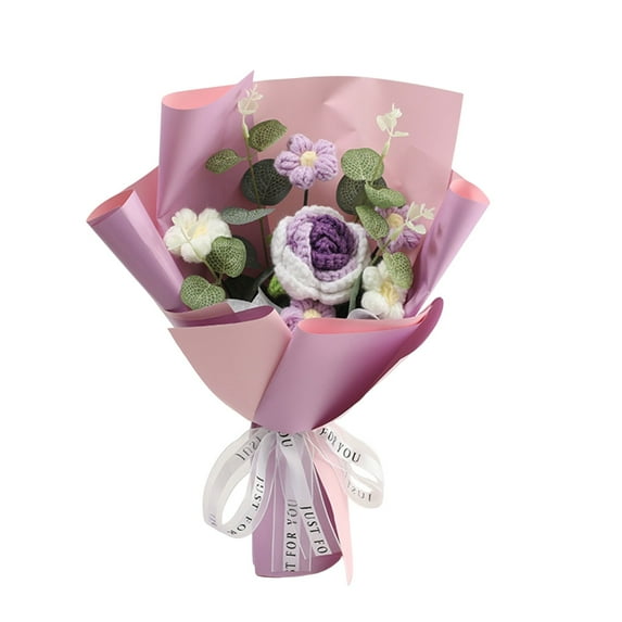 Hand Knitted Wool Rose Flower Bouquet, Handmade Romantic Gift for Valentine’s Day, Handmade Crochet Artificial Flowers with Rose, Knitting Crochet Flower Bouquet for Home Decor, 1Pc(Purple,19.7x5")