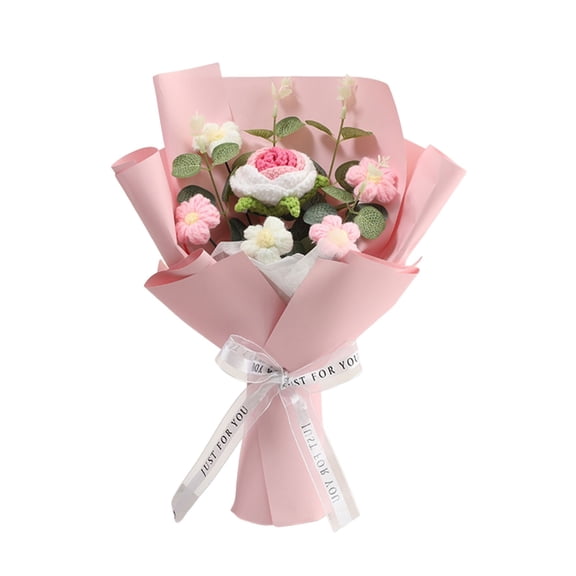 Hand Knitted Wool Rose Flower Bouquet, Handmade Romantic Gift for Valentine’s Day, Handmade Crochet Artificial Flowers with Rose, Knitting Crochet Flower Bouquet for Home Decor, 1Pc(Pink,19.7x5")