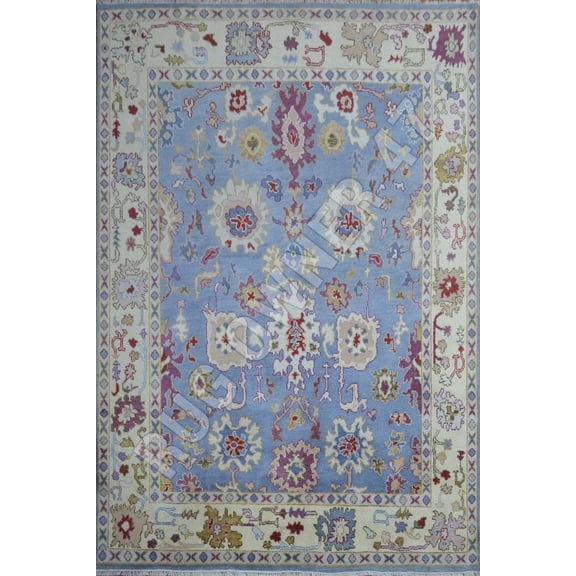 Hand-Knotted Colourful Oushak Area Rug 8X10 Handmade Wool Area Rug M Blue, Ivory, Beige, Lt Grey, Purple, Camel.