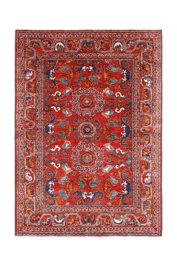 Hand Knotted Nomadic Caucasian Humna Wool Rug - 4'1'' x 5'10''