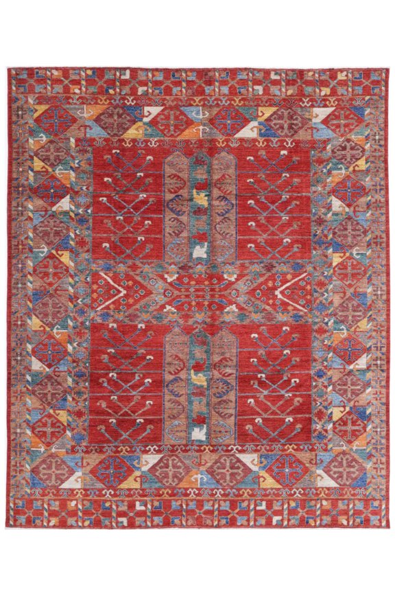 Hand Knotted Nomadic Caucasian Humna Wool Rug - 9'1'' x 10'10''