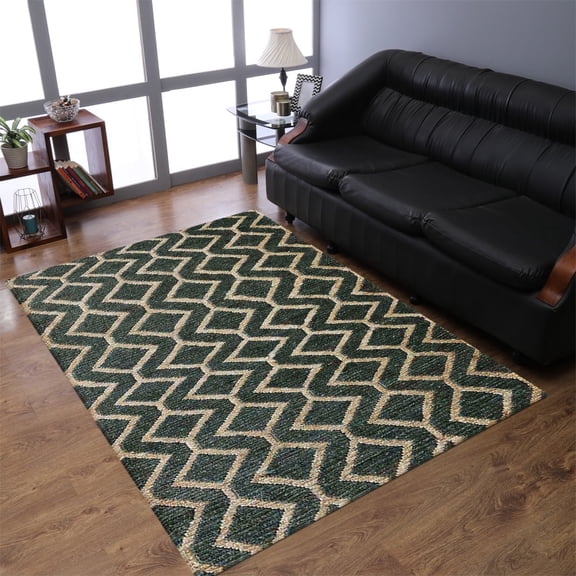 Hand Knotted Sumak Jute Eco-Friendly Area Rugs - 4'X6', Rectangle Shape, Green Beige Color, Geometric Pattern, High Pile, Natural Fiber, Outdoor Indoor Handmade Area Rugs For Living Room (J00018)