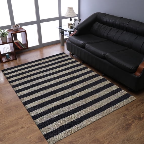 Hand Knotted Sumak Jute Eco-Friendly Area Rugs - 5'X8', Rectangle Shape, Beige Black Color, Contemporary Pattern, High Pile, Natural Fiber, Outdoor Indoor Handmade Area Rugs For Living Room (J00083)