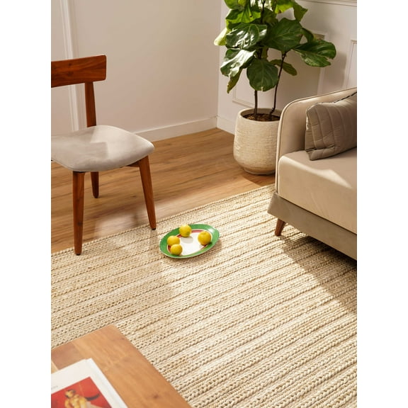 Hand Knotted Sumak Jute Eco-Friendly Area Rugs - 6'X9', Rectangle Shape, Ivory Color, Contemporary Pattern, High Pile, Natural Fiber, Outdoor Indoor Handmade Area Rugs For Living Room (J00012)