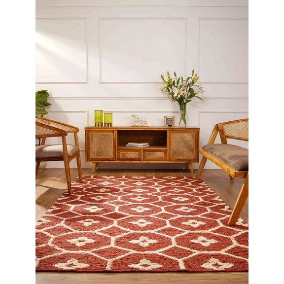 Hand Knotted Sumak Jute Eco-Friendly Area Rugs - 6'X9', Rectangle Shape, Red Beige Color, Floral Pattern, High Pile, Natural Fiber, Outdoor Indoor Handmade Area Rugs For Living Room (J00076)