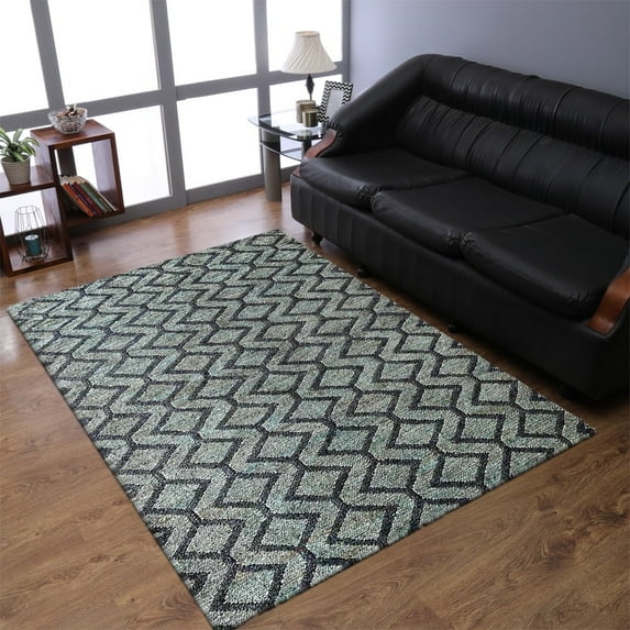 Hand Knotted Sumak Jute Eco-Friendly Area Rugs - 8'X10', Rectangle Shape, Green Charcoal Color, Geometric Pattern, High Pile, Natural Fiber, Outdoor Indoor Handmade Area Rugs For Living Room (J00018)