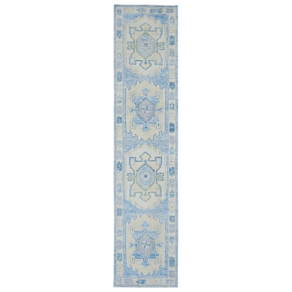 Hand Knotted Turkish Oushak Wool Rug - 3'2'' x 14'2''