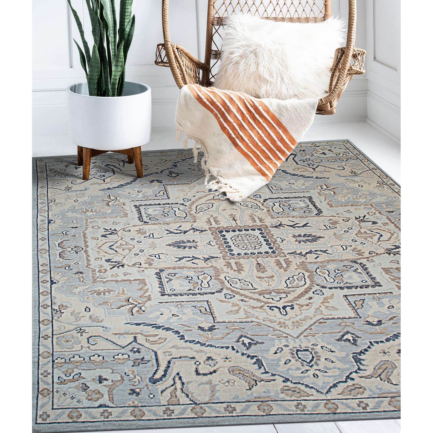 Blue Hand-Knotted Wool 6' x 9' Oriental Area Rug
