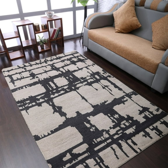Hand Knotted Wool Contemporary Modern Area Rugs - 5'X8', Rectangle Shape, Beige Charcoal Color, Classic Traditional Design, Low Pile Handmade Area Rugs For Living Room, Bed Room (N00065)