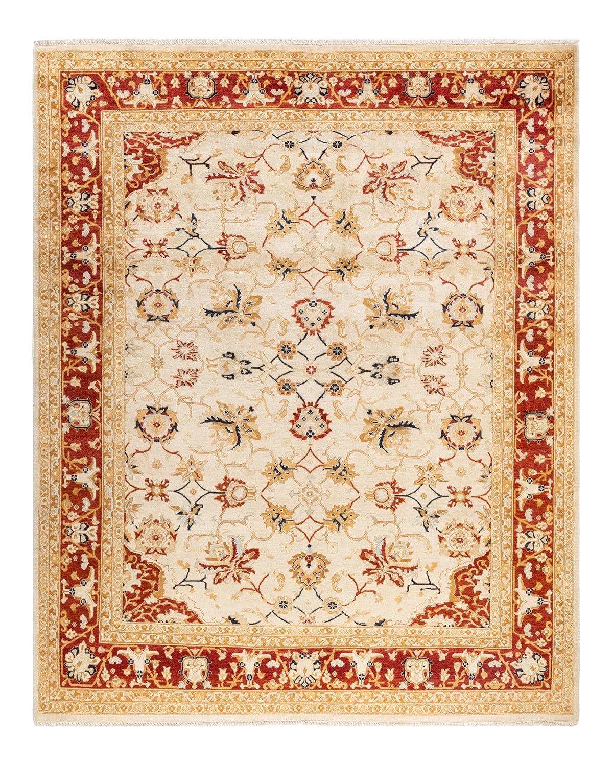 Hand-Knotted Ivory and Red Wool Floral 8' x 10' Area Rug