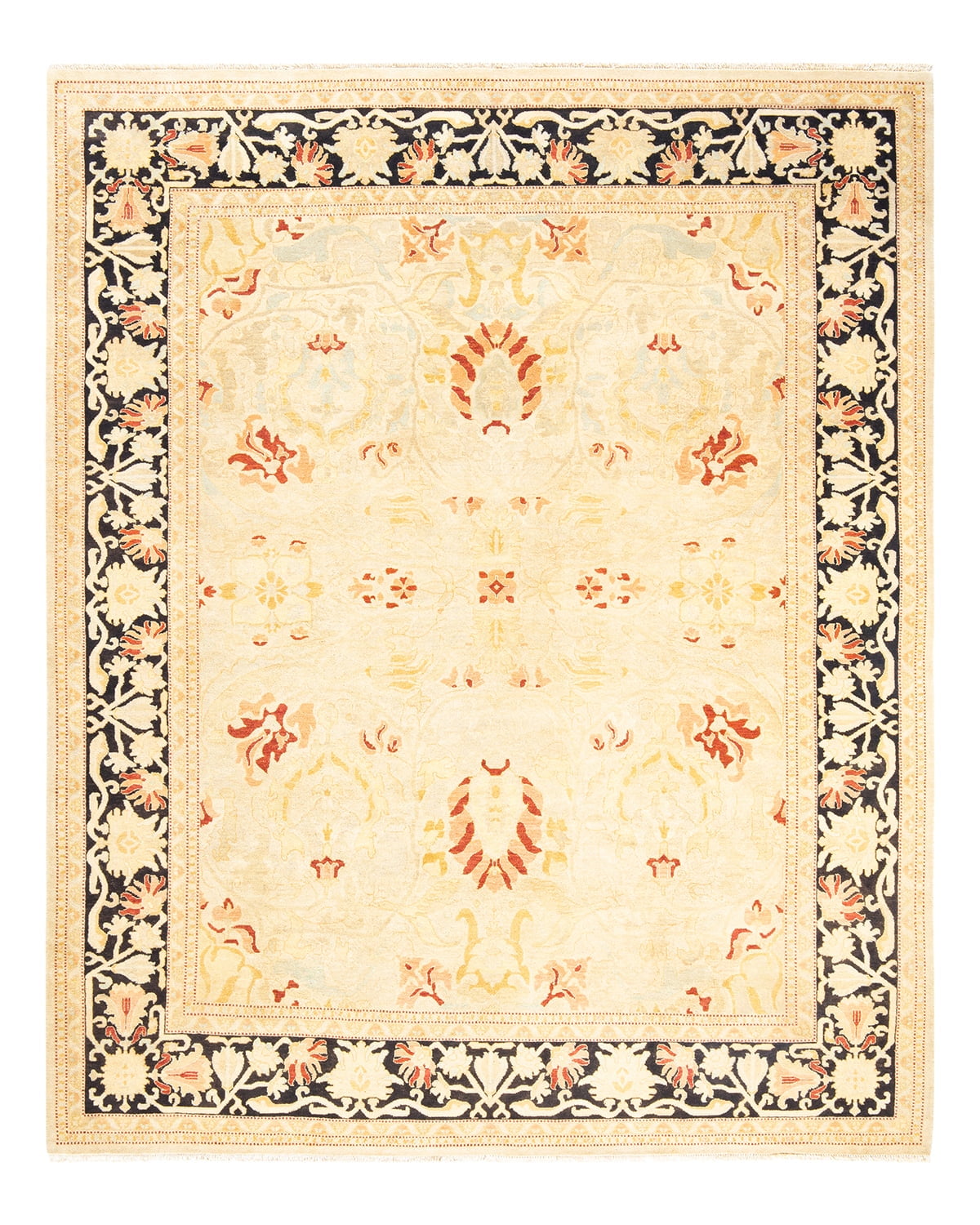 Ivory and Black Hand-Knotted Wool Floral 8' x 10' Rug