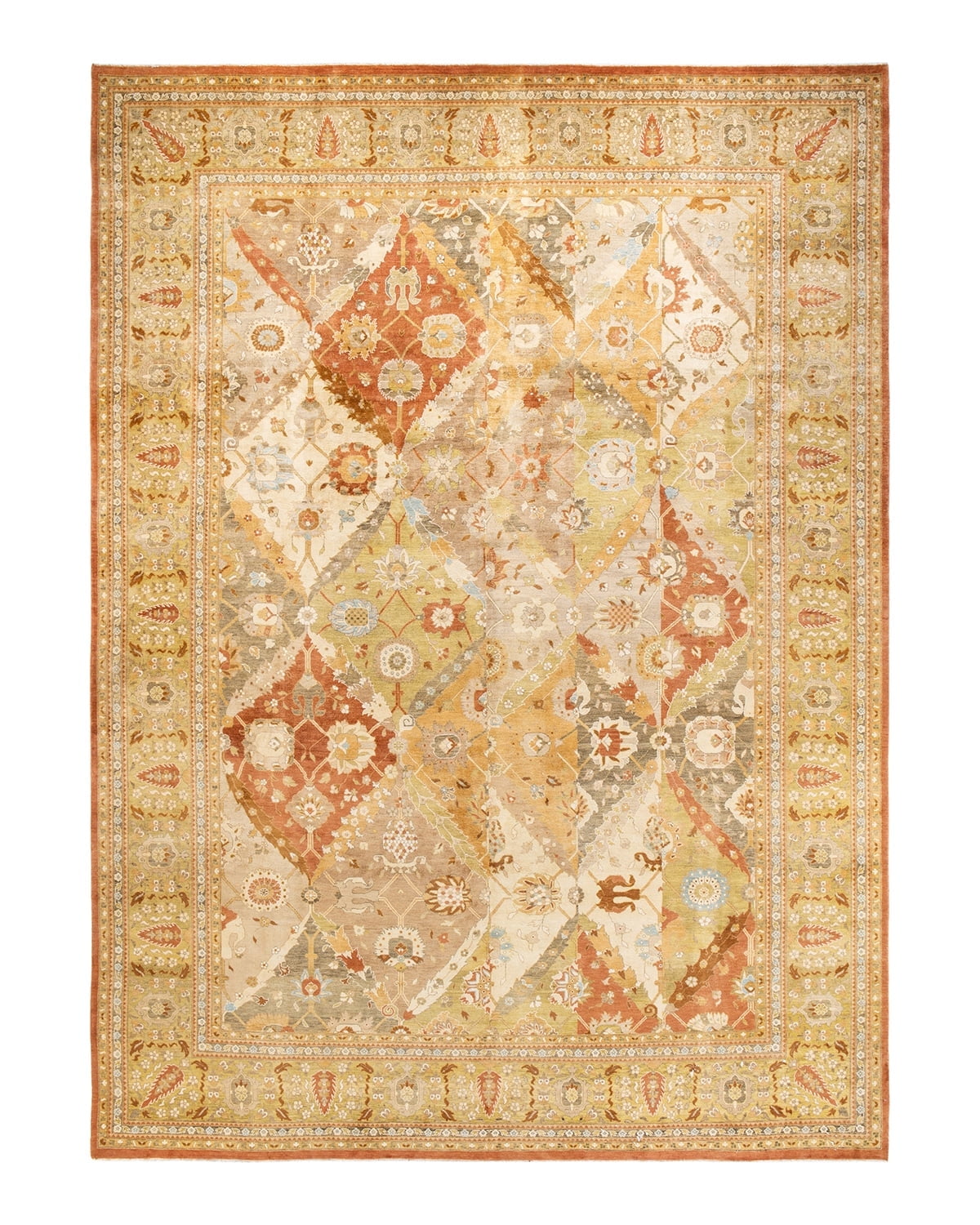 Hand-Knotted Beige and Orange Wool Area Rug 10' x 13'