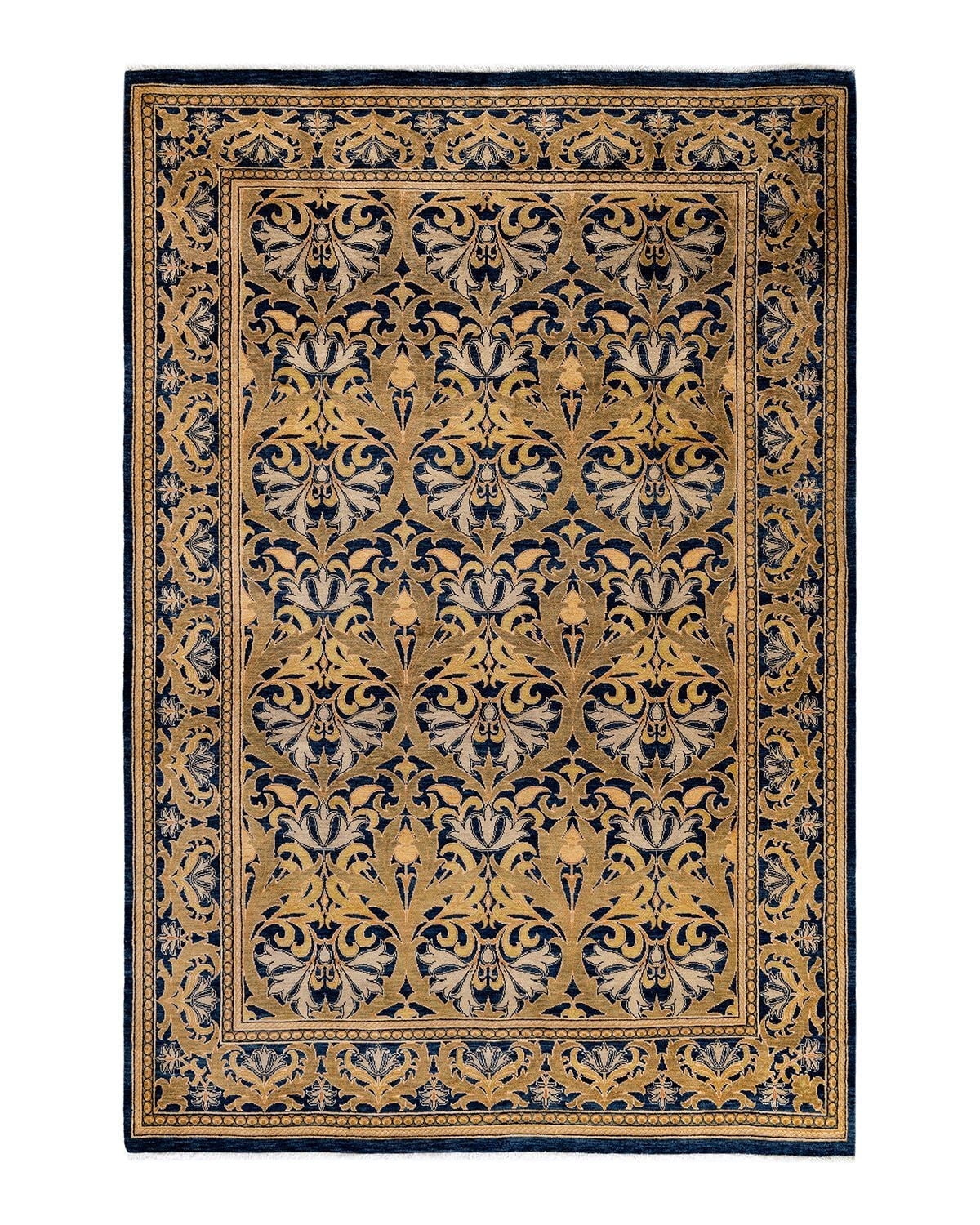 Hand-Knotted Blue and Gold Wool Geometric Area Rug