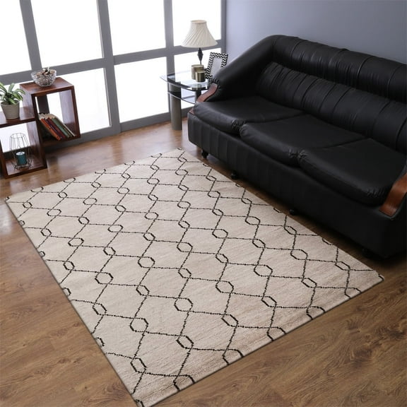 Hand Knotted Wool Geometric Modern Area Rugs - 5'X8', Rectangle Shape, Beige Black Color, Classic Traditional Design, Low Pile Handmade Area Rugs For Living Room, Bed Room (N01110)