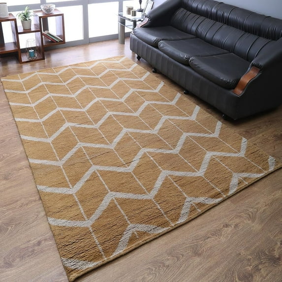 Hand Knotted Wool Geometric Modern Area Rugs - 5'X8', Rectangle Shape, Gold Beige Color, Classic Traditional Design, Low Pile Handmade Area Rugs For Living Room, Bed Room (N01052)