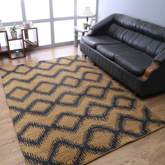Hand Knotted Wool Geometric Modern Area Rugs - 5'X8', Rectangle Shape, Gold Charcoal Color, Classic Traditional Design, Low Pile Handmade Area Rugs For Living Room, Bed Room (N00165)