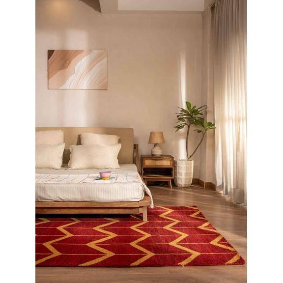 Hand Knotted Wool Geometric Modern Area Rugs - 6'X9', Rectangle Shape, Red Gold Color, Classic Traditional Design, Low Pile Handmade Area Rugs For Living Room, Bed Room (N01052)