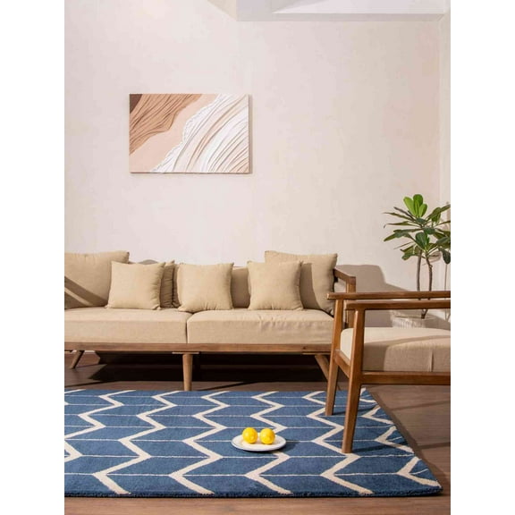 Hand Knotted Wool Geometric Modern Area Rugs - 8'X10', Rectangle Shape, Blue Beige Color, Classic Traditional Design, Low Pile Handmade Area Rugs For Living Room, Bed Room (N01052)
