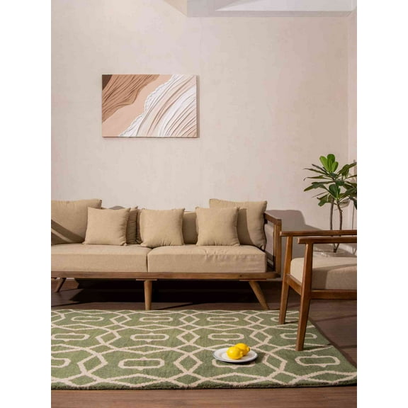 Hand Knotted Wool Geometric Modern Area Rugs - 8'X10', Rectangle Shape, Green Beige Color, Classic Traditional Design, Low Pile Handmade Area Rugs For Living Room, Bed Room (N00533)