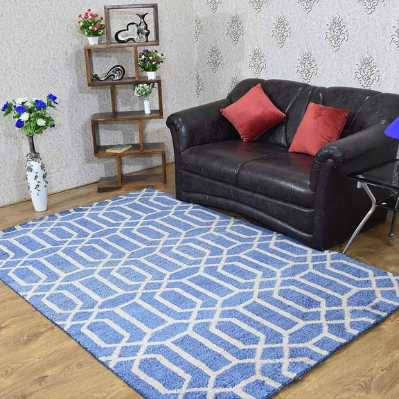 Hand Knotted Wool Geometric Modern Area Rugs - 9'X12', Rectangle Shape, Blue Beige Color, Classic Traditional Design, Low Pile Handmade Area Rugs For Living Room, Bed Room (N00941)