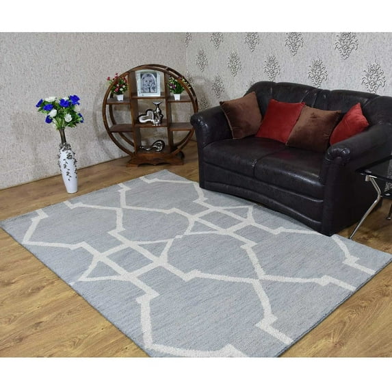 Hand Knotted Wool Geometric Modern Area Rugs - 9'X12', Rectangle Shape, Light Gray White Color, Classic Traditional Design, Low Pile Handmade Area Rugs For Living Room, Bed Room (N00942)