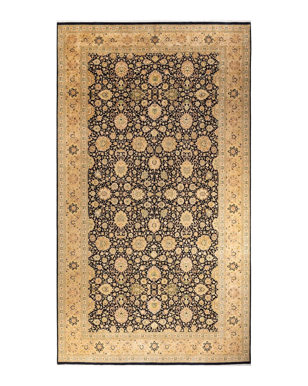 Hand-Knotted Black and Beige Wool Oriental 10' x 14' Rug