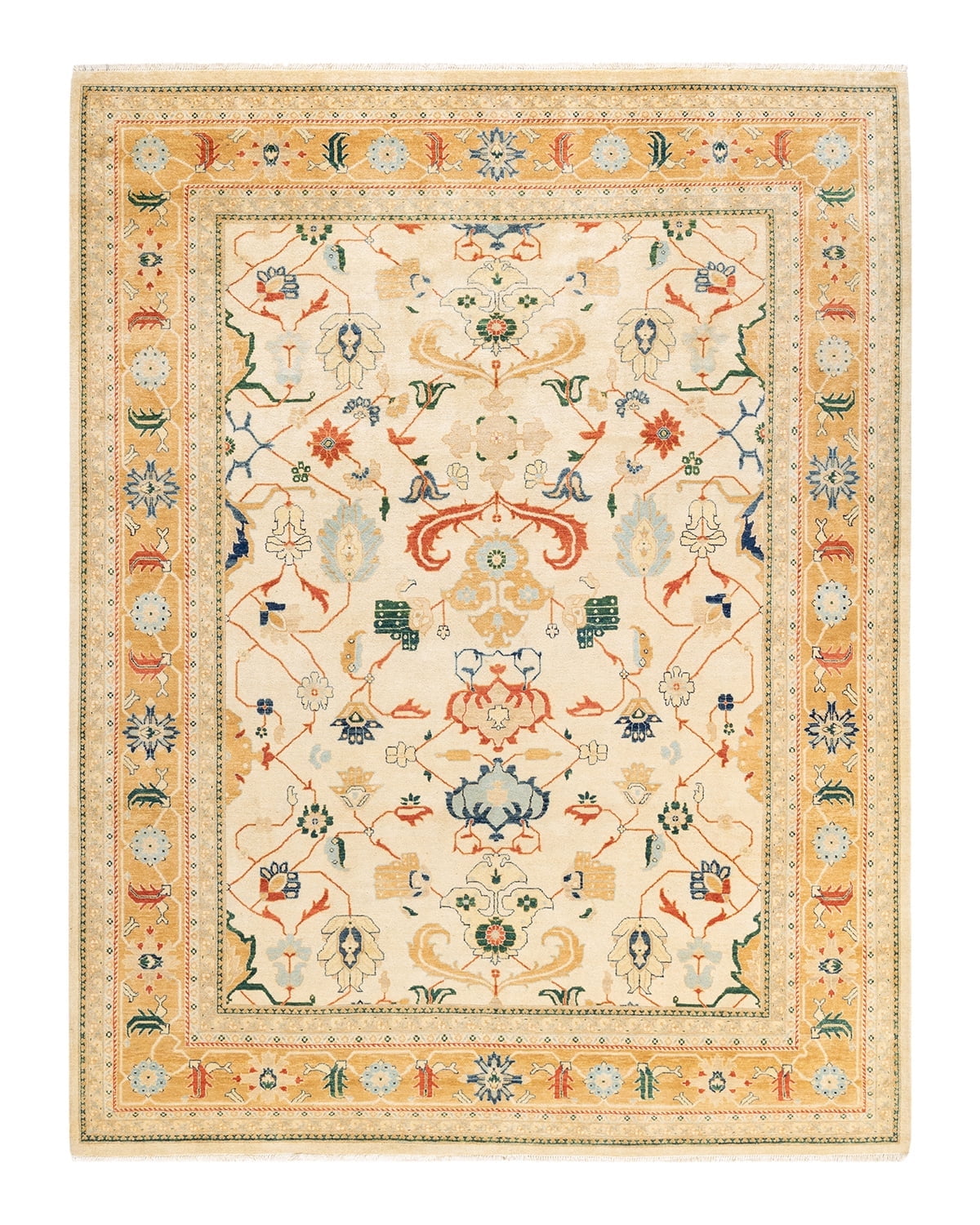 Ivory and Orange Hand-Knotted Wool 8' x 10' Area Rug