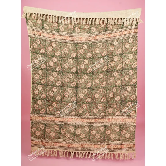Hand Loom Hand Block Printed Bed Runner Boho Cotton Fringed Blanket Beach Throw, Indian Handmade Soft Cotton Throws Blankets, Gift for her