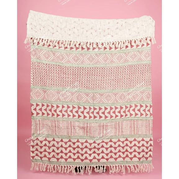 Hand Loom Hand Block Printed Bed Runner Boho Cotton Fringed Blanket Beach Throw, Indian Handmade Soft Cotton Throws Blankets, Gift for her
