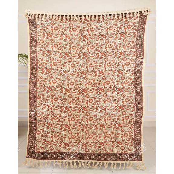 Hand Loom Hand Block Printed Bed Runner Boho Cotton Fringed Blanket Beach Throw, Indian Handmade Soft Cotton Throws Blankets, Gift for her