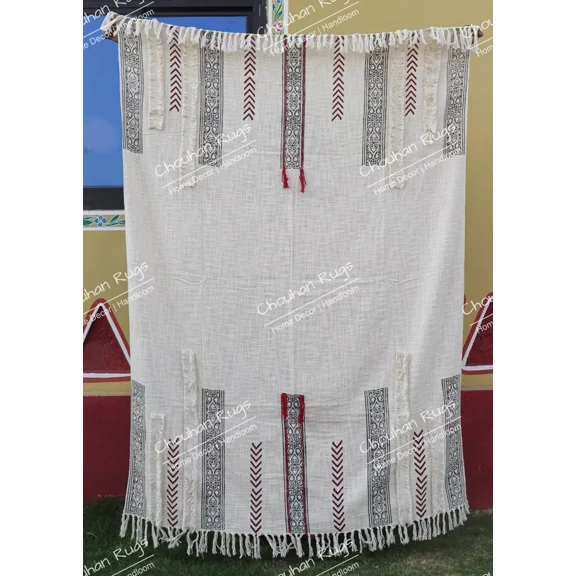 Hand Loom Hand Block Printed Bed Runner Boho Cotton Fringed Blanket Beach Throw, Indian Handmade Soft Cotton Throws Blankets, Gift for her