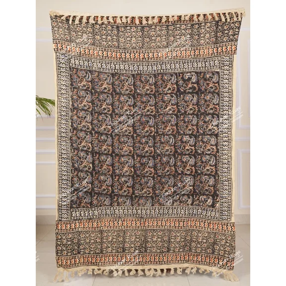 Hand Loom Hand Block Printed Bed Runner Boho Cotton Fringed Blanket Beach Throw, Indian Handmade Soft Cotton Throws Blankets, Gift for her