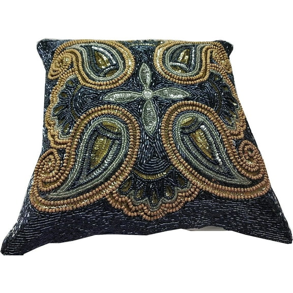 GFI LINEN CLUBS Hand Made Beaded Mini Paisely Decorative Pillow Cover/ Cushion Sham - Square Design, 14x14 Inches in Charcoal, Silver & Gold Colour, Pack of 1 Produced by Village Artisans in India