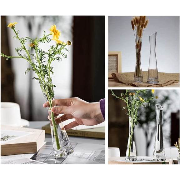 Hand-Made Blown Art Bud Glass Vase Clear Small Glass Vase Glass Flower Vase Heavy Base Single Stem Flower Drop Vase for Flower and Office Bud Home Wedding Decor (Oblique Mouth)