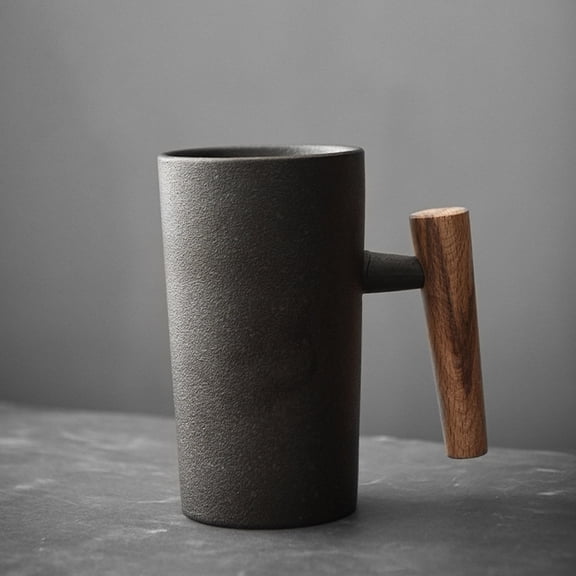 Hand Made Ceramic Coffee Mug with Wooden Handle, Retro Stoneware 220ml Capacity, Microwave Dishwasher Safe for Office Home Gift Unique Design
